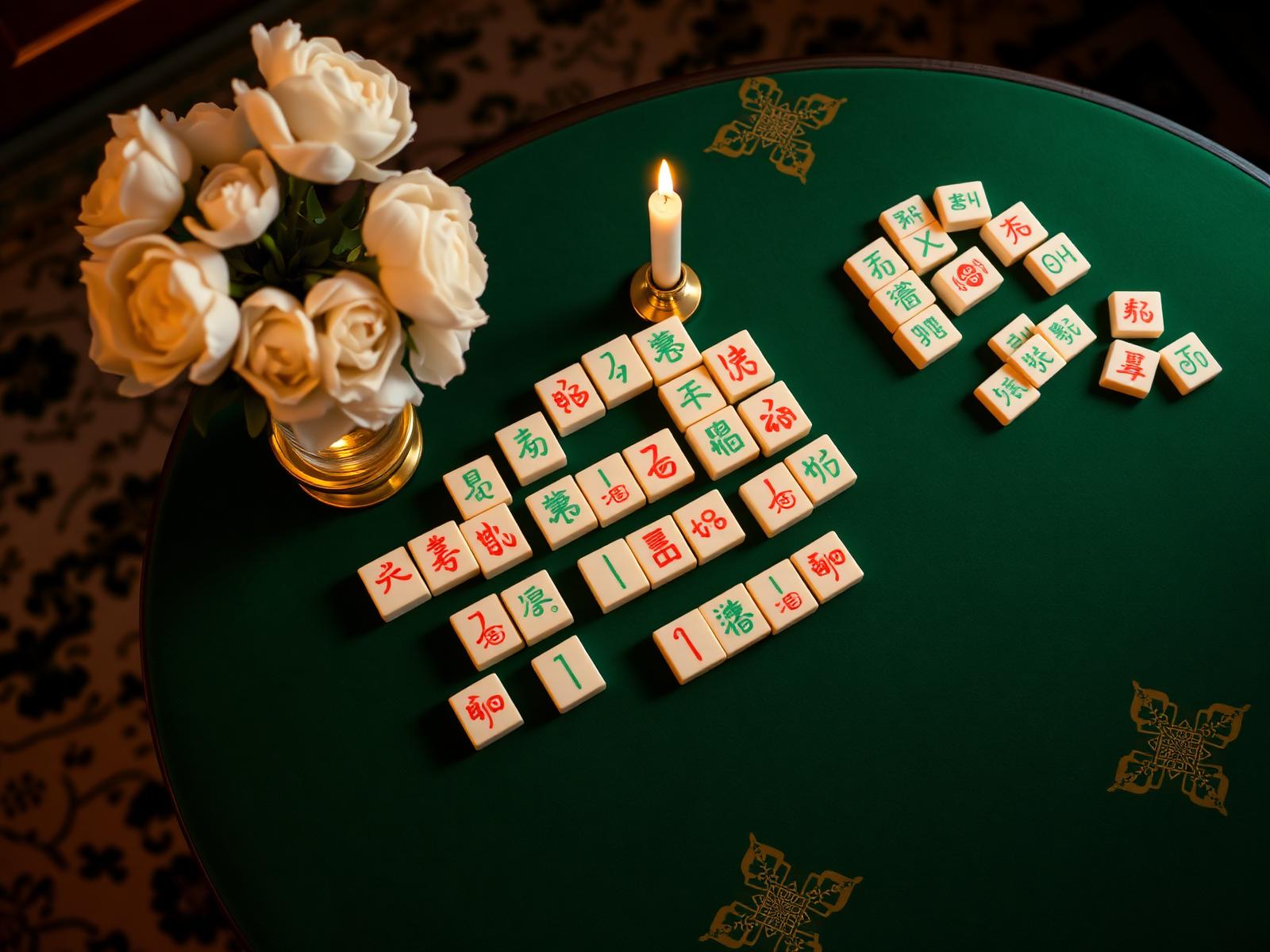Overhead view of an elegantly styled mahjong table with white roses and gold candle